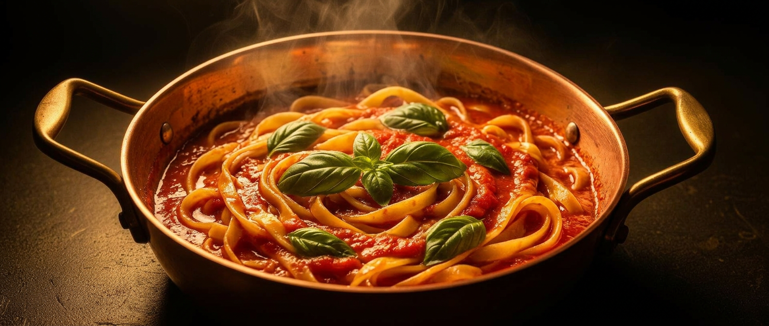 Talharim artesanal Essenza ao molho de tomate na panela de cobre