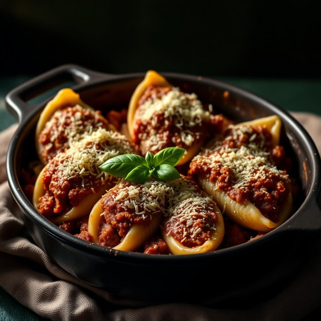 Conchiglioni ao molho bolonhesa gratinado com pecorino