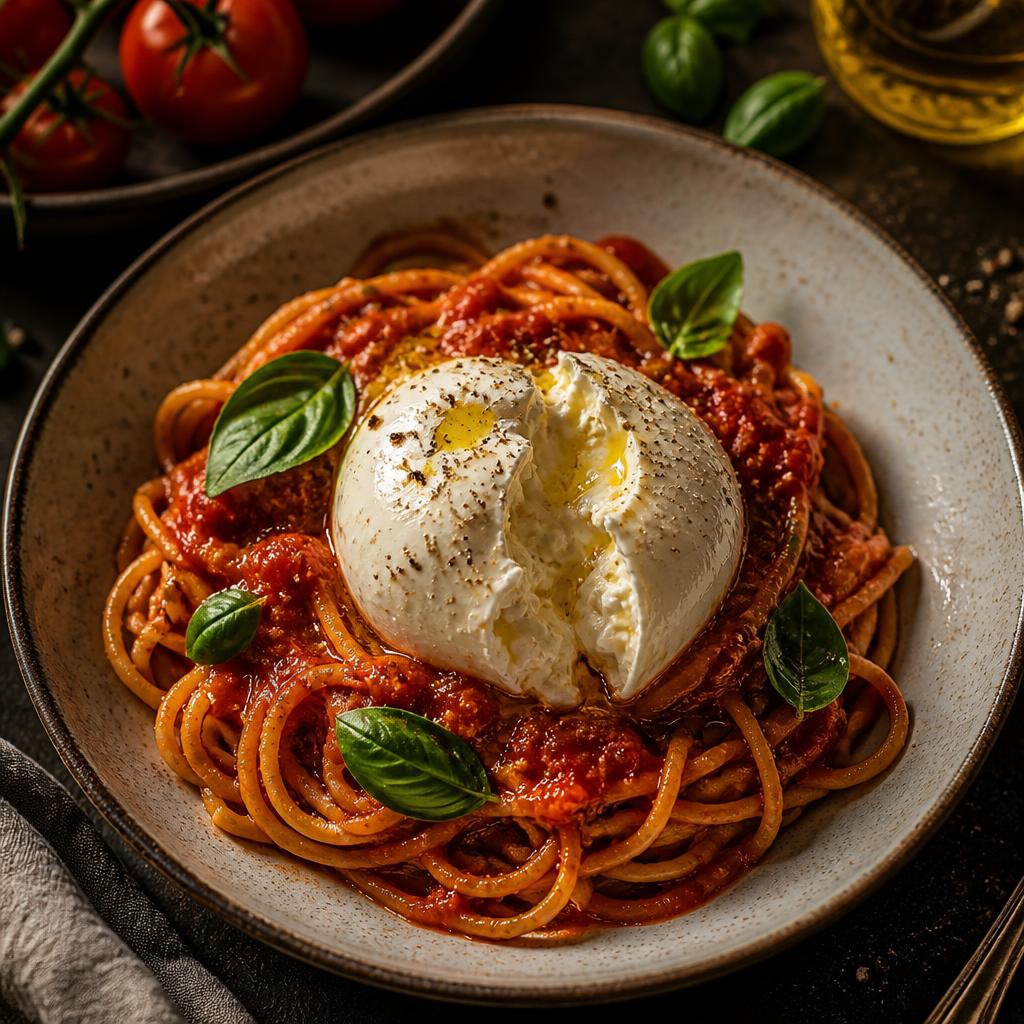 Espaguete fresco ao pomodoro com burrata