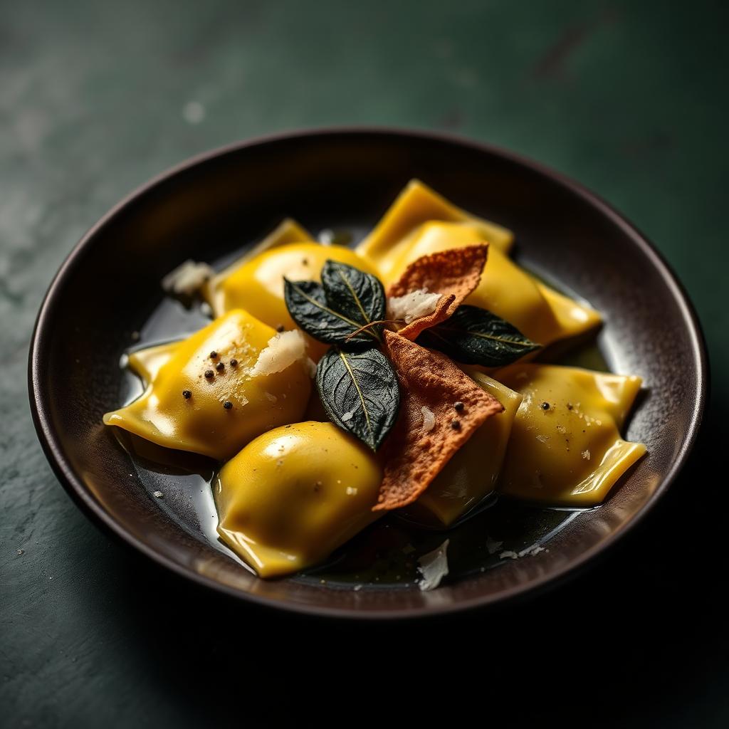 Ravioli de espinafre com ricota ao burro e sálvia