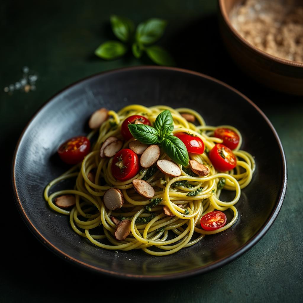 Talharim ao pesto com tomates confit e amêndoas tostadas